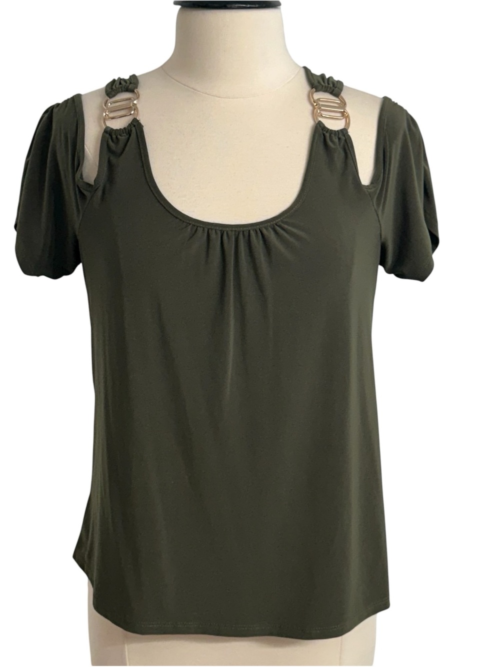 Perseption Concept Women's Shoulder Cutout, Short Sleeve, Tunic Top, Green, Sz L